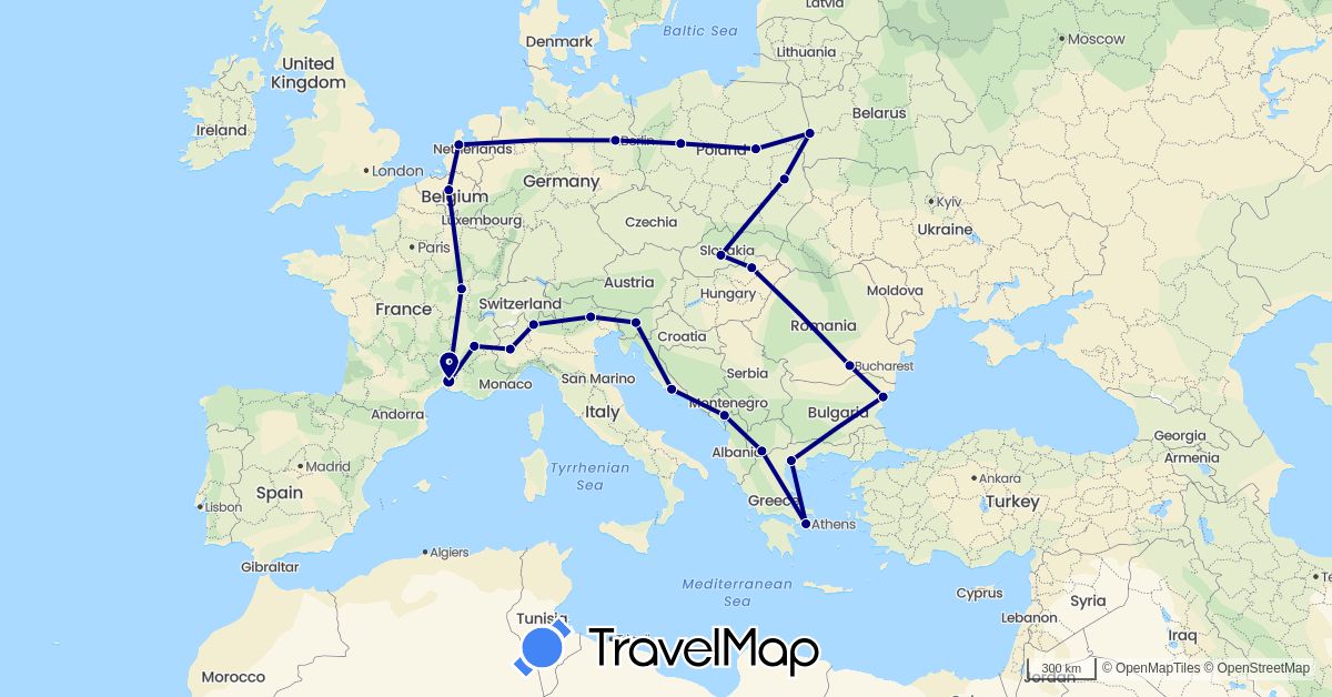TravelMap itinerary: driving in Belgium, Bulgaria, Switzerland, Germany, France, Greece, Croatia, Hungary, Italy, Montenegro, Macedonia, Netherlands, Poland, Romania, Slovenia, Slovakia (Europe)